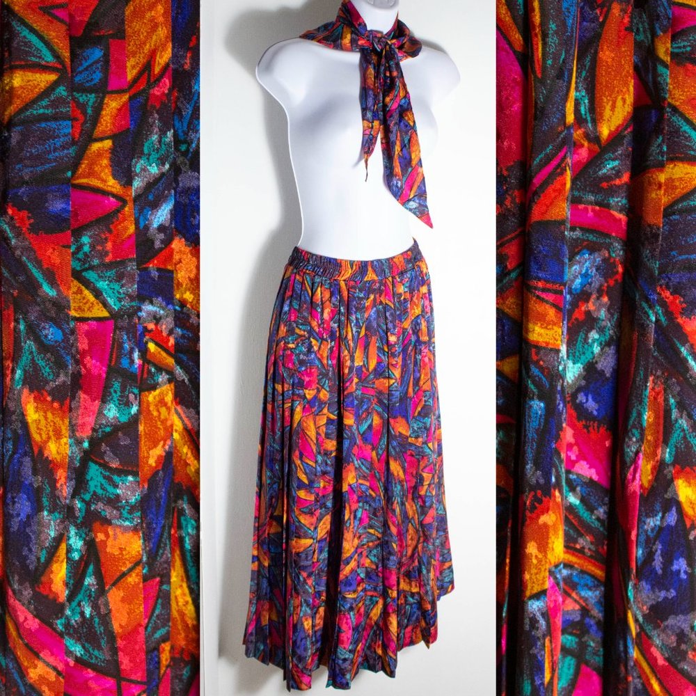 Vintage Patterned skirt - Jewel tone midi Long - Petite - Made in USA - Scarf